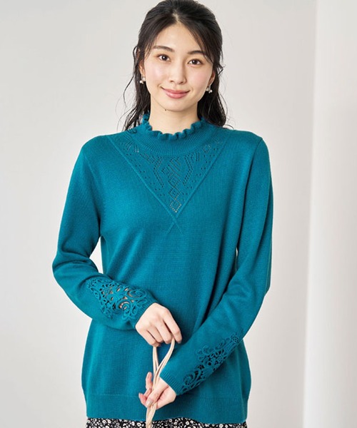BELLUNA PLUS（ベルーナ）の「＜Ｍ・Ｄ＞ウール入り袖レースプルオーバー（ニット/セーター・レディース・ターコイズブルー/パープル系その他/アイボリー・LARGE/MEDIUM/X-LARGE）」の9枚目の写真