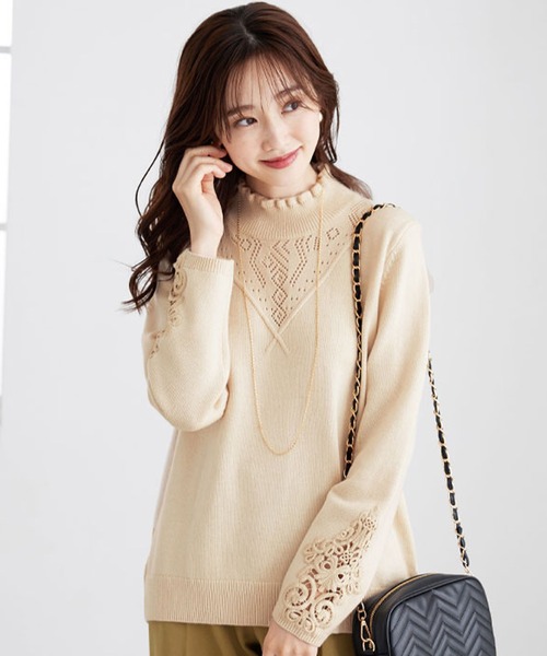 BELLUNA PLUS（ベルーナ）の「＜Ｍ・Ｄ＞ウール入り袖レースプルオーバー（ニット/セーター・レディース・ターコイズブルー/パープル系その他/アイボリー・LARGE/MEDIUM/X-LARGE）」の13枚目の写真