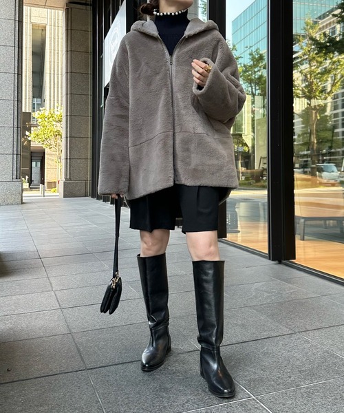 DouDou（ドゥドゥ）の「【一部WEB限定カラー】フェイクムートンコクーンフードコート（ムートンコート・レディース・アイボリー/ベージュ/グレー/ピンク・FREE）」の13枚目の写真