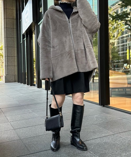 DouDou（ドゥドゥ）の「【一部WEB限定カラー】フェイクムートンコクーンフードコート（ムートンコート・レディース・アイボリー/ベージュ/グレー/ピンク・FREE）」の15枚目の写真