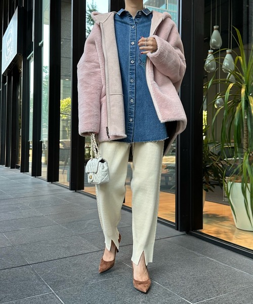 DouDou（ドゥドゥ）の「【一部WEB限定カラー】フェイクムートンコクーンフードコート（ムートンコート・レディース・アイボリー/ベージュ/グレー/ピンク・FREE）」の5枚目の写真