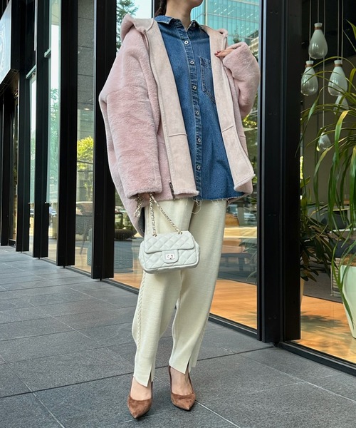 DouDou（ドゥドゥ）の「【一部WEB限定カラー】フェイクムートンコクーンフードコート（ムートンコート・レディース・アイボリー/ベージュ/グレー/ピンク・FREE）」の6枚目の写真