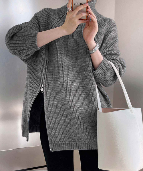 OSYAREVO(オシャレボ)の「サイドジップ ハイネック ニット トップス(ニット/セーター・レディース・ブラック/ベージュ/グレー/オフホワイト・FREE)」の4枚目の写真