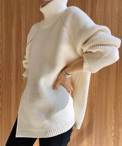 OSYAREVO(オシャレボ)の「サイドジップ ハイネック ニット トップス(ニット/セーター・レディース・ブラック/ベージュ/グレー/オフホワイト・FREE)」の6枚目の写真