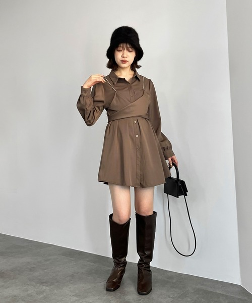 ISOOK(アイスー)の「【ISOOK / アイスー】チェーンビスチェシャツワンピース / シャツワンピ ミニワンピース シャツチュニック ZOZOTOWN限定(シャツワンピース・レディース・ブラウン・FREE)」の1枚目の写真
