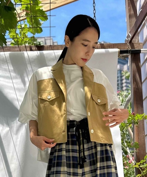 AVIE(アビィ)の「ディファレントファブリックジャケット(テーラードジャケット・レディース・ベージュ/ブラック・38)」の3枚目の写真