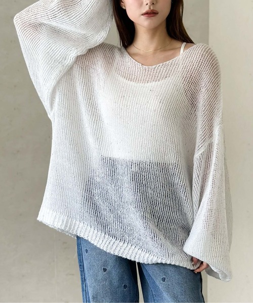 Per sist ence(パーシエンス)の「ラメネップヤーン透かしロングプルオーバー(ニット/セーター・レディース・ブラック/オフホワイト/グレー/グレイッシュベージュ・FREE)」の2枚目の写真