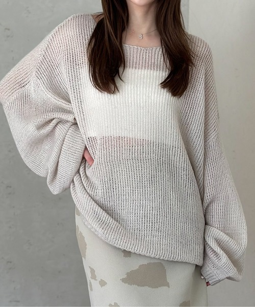 Per sist ence(パーシエンス)の「ラメネップヤーン透かしロングプルオーバー(ニット/セーター・レディース・ブラック/オフホワイト/グレー/グレイッシュベージュ・FREE)」の4枚目の写真