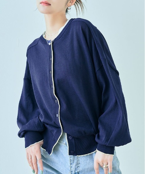 kirakiraShop(キラキラショップ)の「配色 シアー ニット カーディガン(カーディガン/ボレロ・レディース・グリーン/アイボリー/ネイビー/グレー・FREE)」の4枚目の写真