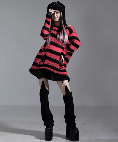 Diable baiser(ディアブルベーゼ)の「サブジラ系ボーダーニット(ニット/セーター・レディース・グリーン/レッド/ホワイト/グレー/パープル・FREE)」の5枚目の写真