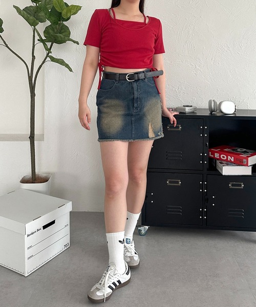 apres jour mignon（アプレジュールミニョン）の「オーバーダイデニムスカート【ZOZOTOWN限定アイテム】（デニムスカート・レディース・ライトブルー/ブラック系その他・X-LARGE/フリー）」の15枚目の写真