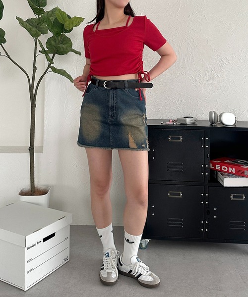 apres jour mignon（アプレジュールミニョン）の「オーバーダイデニムスカート【ZOZOTOWN限定アイテム】（デニムスカート・レディース・ライトブルー/ブラック系その他・X-LARGE/フリー）」の16枚目の写真