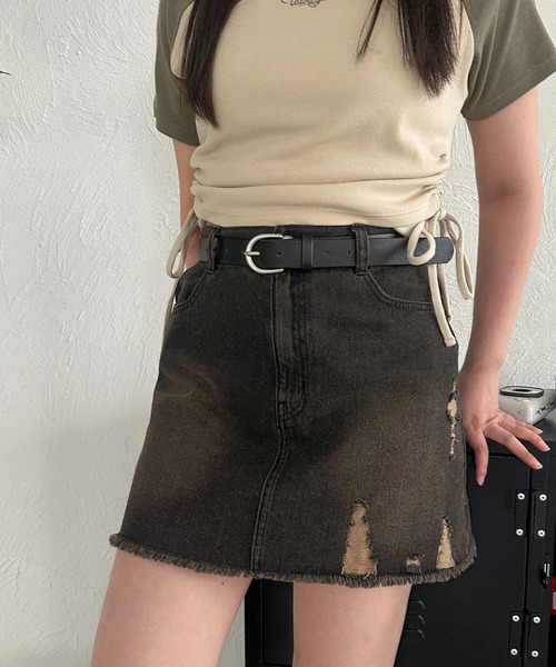 apres jour mignon（アプレジュールミニョン）の「オーバーダイデニムスカート【ZOZOTOWN限定アイテム】（デニムスカート・レディース・ライトブルー/ブラック系その他・X-LARGE/フリー）」の3枚目の写真