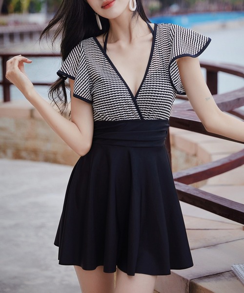 【セール】レディース水着 ボーダー柄ワンピ風バックリボンオールインワンスイムウェア（水着）｜TeddyShop（テディショップ）