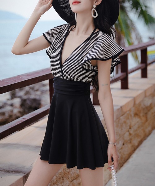 【セール】レディース水着 ボーダー柄ワンピ風バックリボンオールインワンスイムウェア（水着）｜TeddyShop（テディショップ）