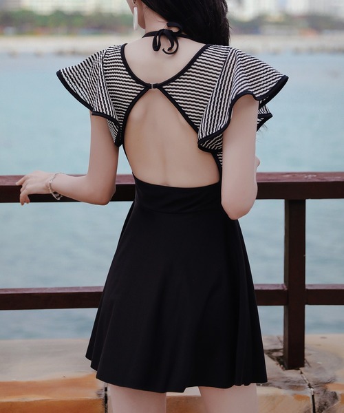 【セール】レディース水着 ボーダー柄ワンピ風バックリボンオールインワンスイムウェア（水着）｜TeddyShop（テディショップ）