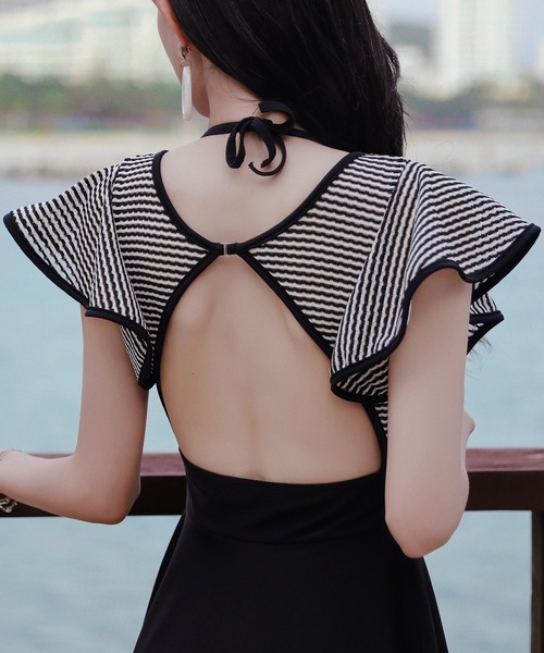 【セール】レディース水着 ボーダー柄ワンピ風バックリボンオールインワンスイムウェア（水着）｜TeddyShop（テディショップ）