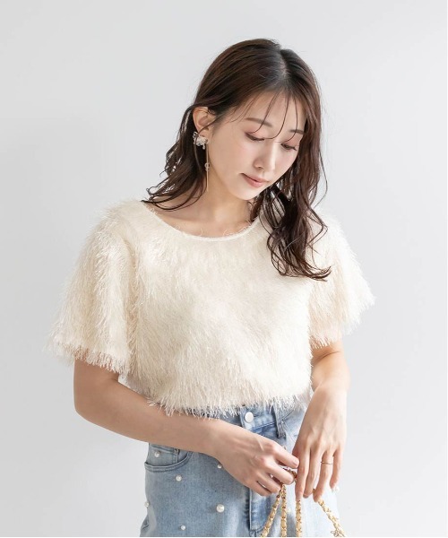 RANDA(ランダ)の「2WAYラメシャギークロップドトップス(Tシャツ/カットソー・レディース・ブラック/クリーム/グレー・FREE)」の4枚目の写真