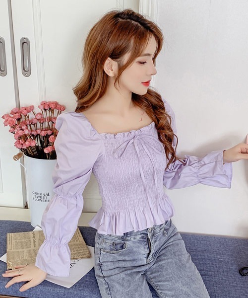 Mayree（メイリー）の「【Mayree】スクエアネック　リボンブラウス（シャツ/ブラウス・レディース・ホワイト/パープル/オレンジ・FREE）」の2枚目の写真