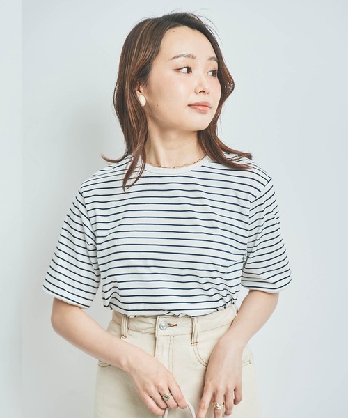 mil(ミル)の「【150㎝前後の小柄さんサイズ】ボーダー半袖Tシャツ(Tシャツ/カットソー・レディース・ホワイト×ネイビー/ミント/グレイッシュベージュ・XS/S)」の1枚目の写真