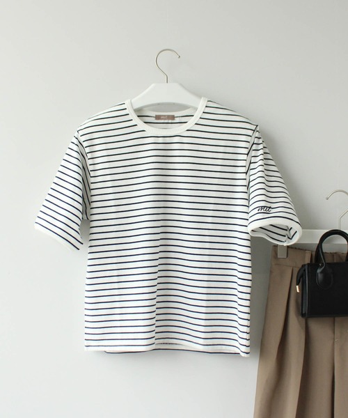 mil(ミル)の「【150㎝前後の小柄さんサイズ】ボーダー半袖Tシャツ(Tシャツ/カットソー・レディース・ホワイト×ネイビー/ミント/グレイッシュベージュ・XS/S)」の13枚目の写真