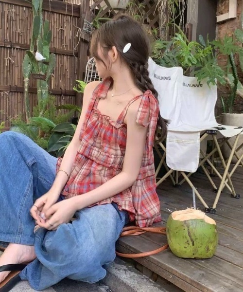 セール】チェック柄ショルダーリボンティアードチュニック