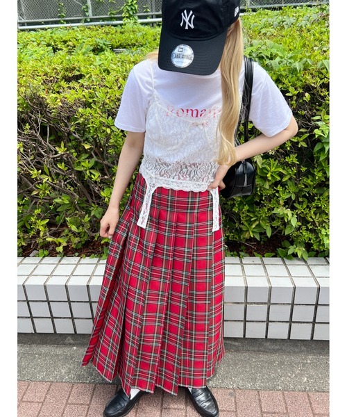 赤 タータンチェック柄ロングプリーツスカート セール】タータンチェックロングプリーツスカート（スカート）｜WC