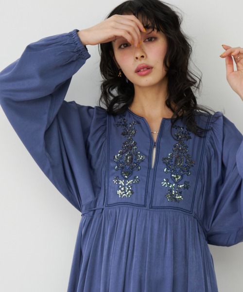 セール】スパンコール刺繍ロングスリーブOP（ワンピース）｜Unitage