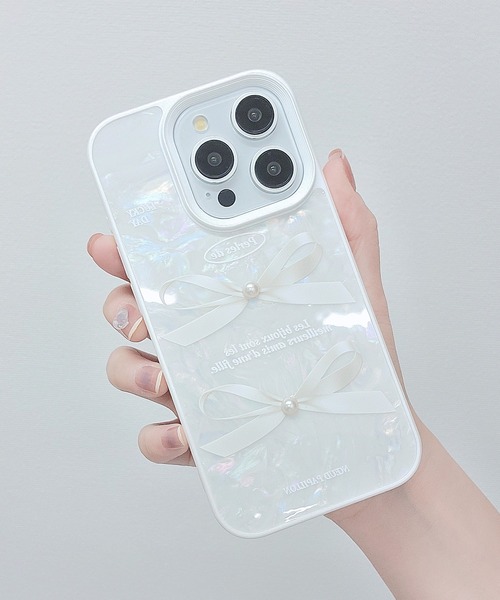 セール】パール リボン シェル風 iPhone ケース（スマホケース