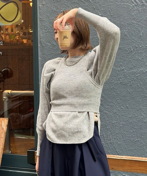 CIAOPANIC（チャオパニック）の「【WEB限定】ワッフルアメスリベスト付きニット（ニット/セーター・レディース・チャコールグレー/アイボリー/グレー/ピンク・ONE SIZE）」の3枚目の写真