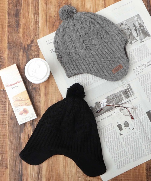 ケーブル編み 耳当て付き ウィンター ニットワッチ（ニット帽