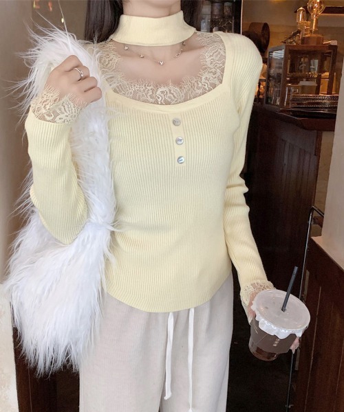 Miniministore(ミニミニストア)の「チョーカー風 リブニットトップス 韓国風(ニット/セーター・レディース・ピンク/ライトイエロー/ブラック・FREE)」の3枚目の写真