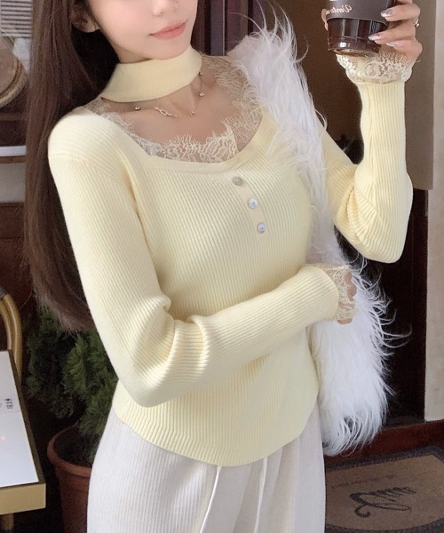 Miniministore(ミニミニストア)の「チョーカー風 リブニットトップス 韓国風(ニット/セーター・レディース・ピンク/ライトイエロー/ブラック・FREE)」の6枚目の写真