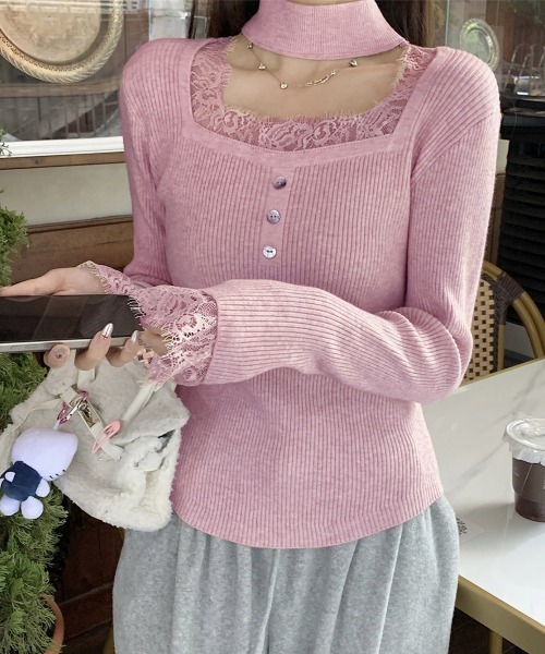 Miniministore(ミニミニストア)の「チョーカー風 リブニットトップス 韓国風(ニット/セーター・レディース・ピンク/ライトイエロー/ブラック・FREE)」の11枚目の写真