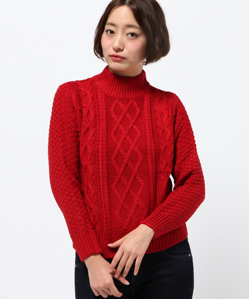 mystic（ミスティック）の「【mystic】ケーブルハイネックニット（ニット/セーター・レディース・キャメル/ブラック/オフホワイト/レッド・ﾌﾘ-）」の4枚目の写真