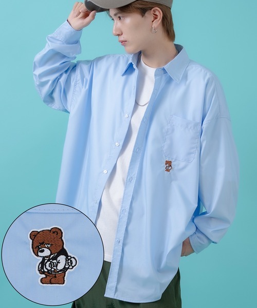 SIDEWAY STANCE（サイドウェイスタンス）の「【SIDEWAY STANCE】スケボーダウナーベア刺しゅう 長袖シャツ（シャツ/ブラウス・メンズ・ホワイト/ピンク/ブラック/サックスブルー・X-LARGE/LARGE/SMALL/MEDIUM）」の3枚目の写真