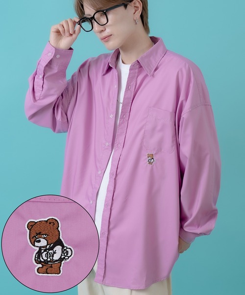 SIDEWAY STANCE（サイドウェイスタンス）の「【SIDEWAY STANCE】スケボーダウナーベア刺しゅう 長袖シャツ（シャツ/ブラウス・メンズ・ホワイト/ピンク/ブラック/サックスブルー・X-LARGE/LARGE/SMALL/MEDIUM）」の4枚目の写真