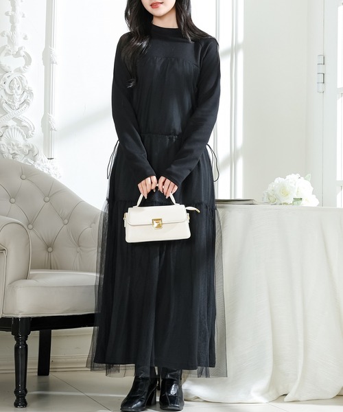 Lace Ladies(レースレディース)の「ビスチェ デザイン チュール 長袖 ドッキング ワンピース(ワンピース・レディース・ブラック/グレー/ホワイト×ブラック・FREE/S)」の9枚目の写真