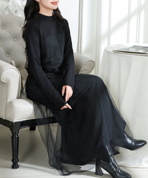 Lace Ladies(レースレディース)の「ビスチェ デザイン チュール 長袖 ドッキング ワンピース(ワンピース・レディース・ブラック/グレー/ホワイト×ブラック・FREE/S)」の12枚目の写真