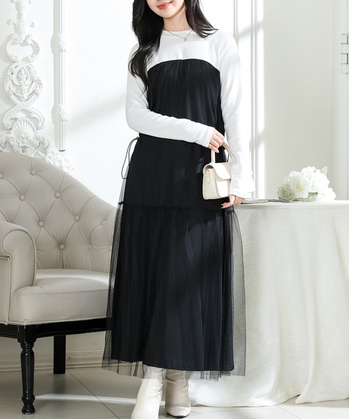 Lace Ladies(レースレディース)の「ビスチェ デザイン チュール 長袖 ドッキング ワンピース(ワンピース・レディース・ブラック/グレー/ホワイト×ブラック・FREE/S)」の15枚目の写真