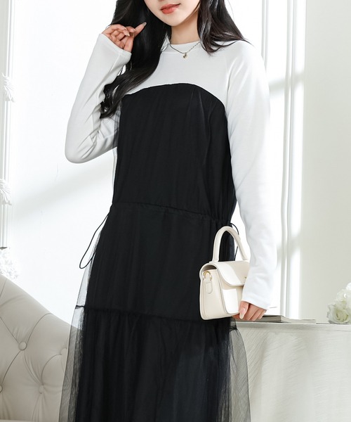 Lace Ladies(レースレディース)の「ビスチェ デザイン チュール 長袖 ドッキング ワンピース(ワンピース・レディース・ブラック/グレー/ホワイト×ブラック・FREE/S)」の16枚目の写真
