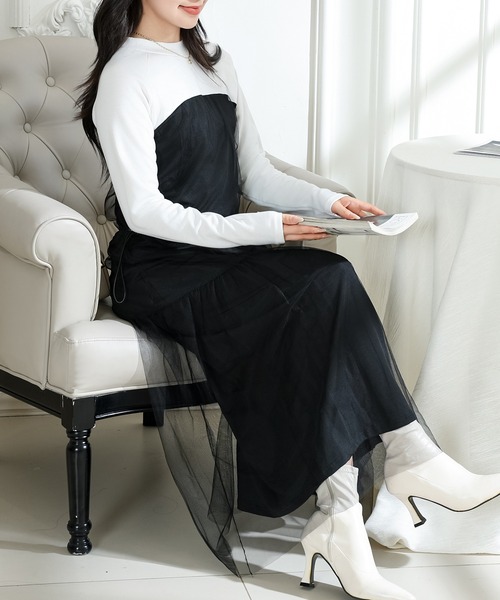 Lace Ladies(レースレディース)の「ビスチェ デザイン チュール 長袖 ドッキング ワンピース(ワンピース・レディース・ブラック/グレー/ホワイト×ブラック・FREE/S)」の18枚目の写真