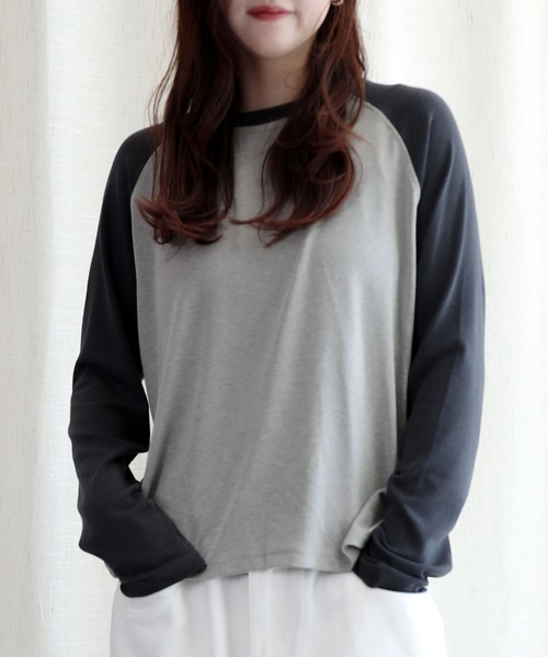 aimoha（アイモハ）の「ラグランスリーブ長袖Tシャツ（Tシャツ/カットソー・レディース・ネイビー/ブラック/グレー・FREE）」の2枚目の写真