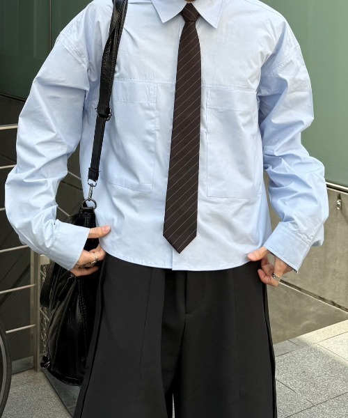 Chikashitsu +（チカシツプラス）の「【Chikashitsu +】cotton cropped shirt / 【チカシツプラス】コットンクロップド長袖シャツ（シャツ/ブラウス・メンズ・ライトブルー/ホワイト・ONE SIZE）」の6枚目の写真