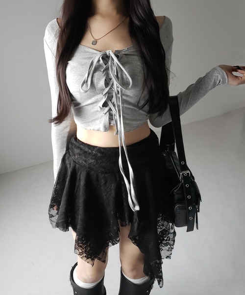 me+em select（ミームセレクト）の「【 ２color ／ インパン裏地付】アシンメトリーフリルレースミニスカート ／ asymmetry frill lace mini skirt（スカート・レディース・ホワイト/ブラック・SMALL）」の22枚目の写真
