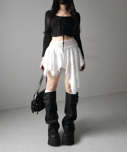 me+em select（ミームセレクト）の「【 ２color ／ インパン裏地付】アシンメトリーフリルレースミニスカート ／ asymmetry frill lace mini skirt（スカート・レディース・ホワイト/ブラック・SMALL）」の17枚目の写真