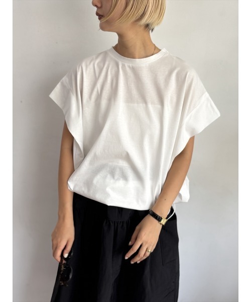 Day and Grade（デイアンドグレイド）の「フレンチスリーブドライタッチコットントップス（Tシャツ/カットソー・レディース・チャコールグレー/アイボリー・FREE）」の3枚目の写真