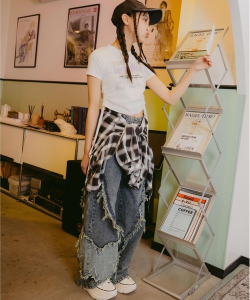 ANAP GｉRL（アナップガール）の「サイドシャーリング ロック Tシャツ（Tシャツ/カットソー・キッズ・ホワイト/杢グレー・S/M/XS）」の5枚目の写真