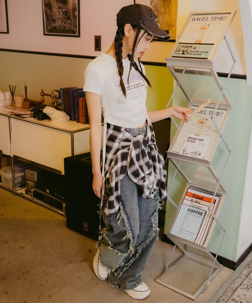 ANAP GｉRL（アナップガール）の「サイドシャーリング ロック Tシャツ（Tシャツ/カットソー・キッズ・ホワイト/杢グレー・S/M/XS）」の6枚目の写真