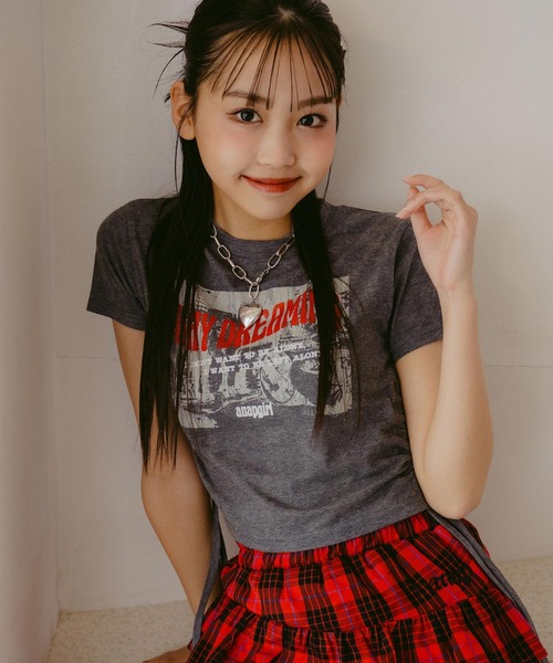 ANAP GｉRL（アナップガール）の「サイドシャーリング ロック Tシャツ（Tシャツ/カットソー・キッズ・ホワイト/杢グレー・S/M/XS）」の7枚目の写真